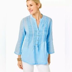 Lilly Pulitzer Sarasota Tunic Sz L 100% Linen Blue Horizon